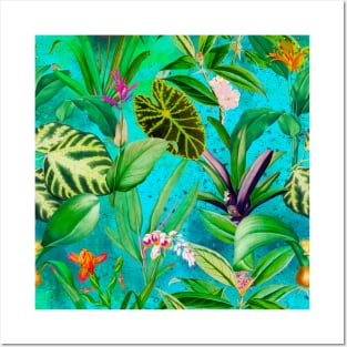 Stylish Tropical floral leaves and foliage botanical illustration, botanical pattern, tropical plants, aqua blue leaves pattern over a Posters and Art